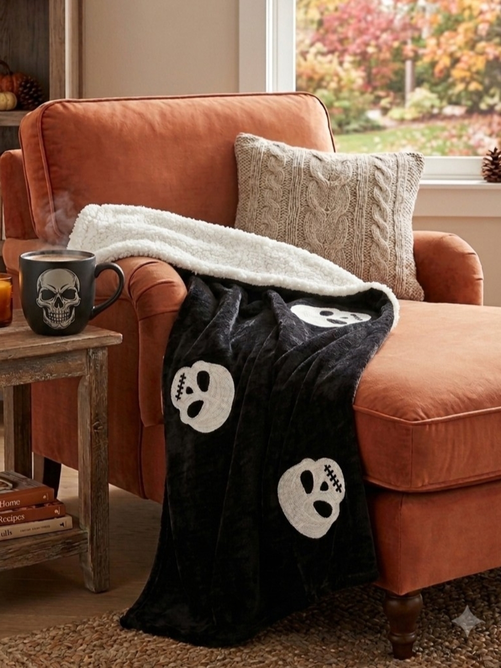 Martha Stewart Black Skull Sherpa-Back Throw Blanket